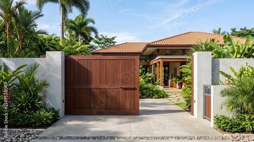 A beautiful tropical villa entrance featuring a large wooden gate and lush green foliage under a bright blue sky