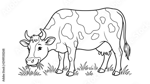Spotted Dairy Cow Eating Grass Line Art Vector Illustration Featuring Domestic Cattle Profile For Farm Branding And Kids Coloring Pages