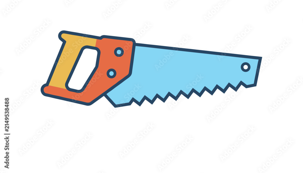 Fototapeta premium Brightly colored flat illustration of a handheld saw tool with a blue blade and an orange and yellow grip on a white background.