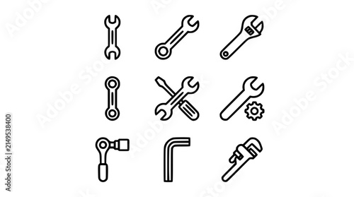 Mechanical Hand Tool Line Icon Vector Set Featuring Spanner Wrench Screwdriver Socket Ratchet Pipe Wrench Allen Key And Gear Configuration Symbols