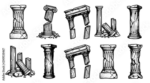 Ancient Greek and Roman Ruined Architecture Vector Set Featuring Broken Columns Pillars and Antique Monument Pediment Arch Sketches for Historic Designs