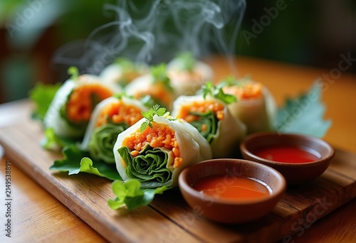 Colorful Spring Rolls with Sweet Chili Sauce on Bamboo Board Garnished with Fresh Herbs