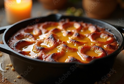 Hearty Bread Pudding Caramel Sauce Cast Iron Baking Dish Decadent Texture Sweet Drizzle
