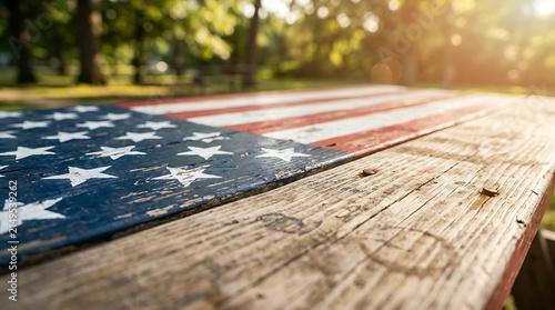 American flag painted on a rustic wooden picnic table outdoors