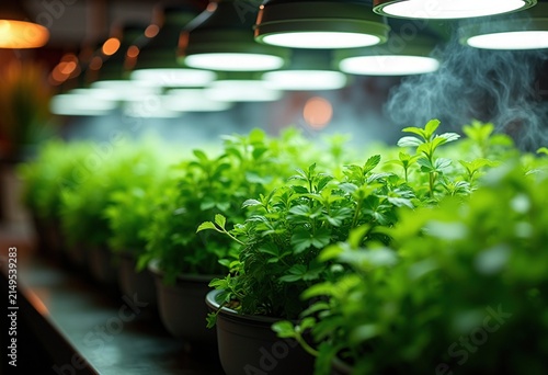 Illuminated Hydroponic Herbs in Modern Kitchen Grow Lights Luxurious Greenery Restaurant Environment