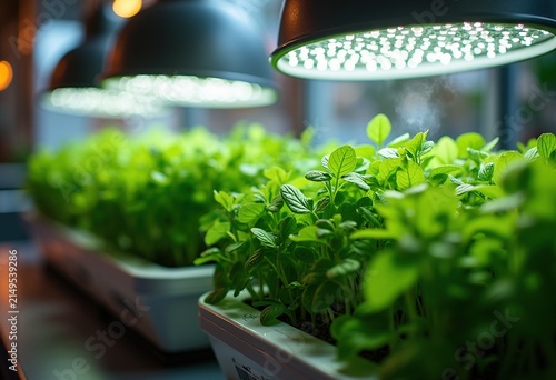 Illuminated Hydroponic Herbs in Modern Kitchen Grow Lights Luxurious Greenery Restaurant Environment