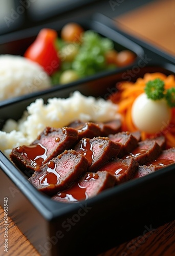 Japanese Bento Tray Beef Teriyaki Steamed Rice Luscious Arrangement Culinary Visuals
