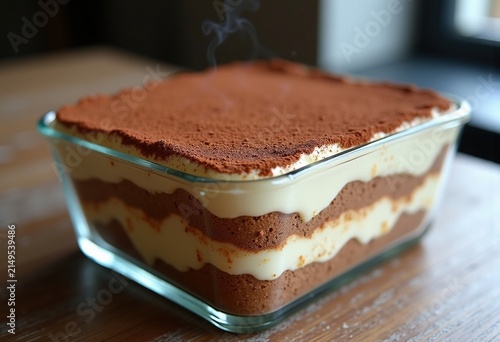 Layered Tiramisu Dessert Elegantly Presented in Glass Casserole Dish with Cocoa Dusting