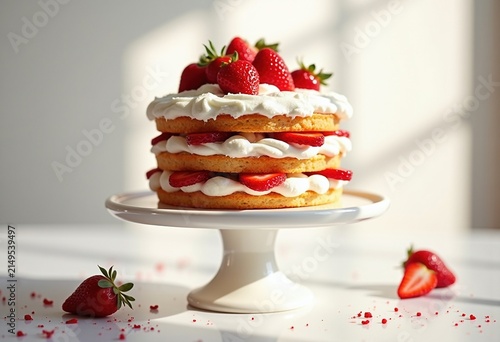 Layers of Strawberry Shortcake on Cake Stand Fluffy Whipped Cream Fresh Strawberries
