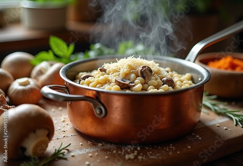 Luxurious Copper Saucepan Overflowing with Creamy Mushroom Risotto and Parmesan Cheese in an Inviting Culinary Ambiance