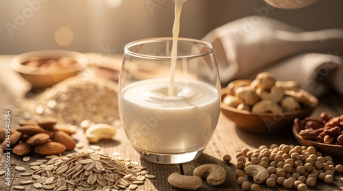 Fresh plant based milk pouring into a glass with various nuts and grains