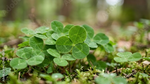 A cluster of fresh green clover leaves growing in the forest floor with soft natural morning light