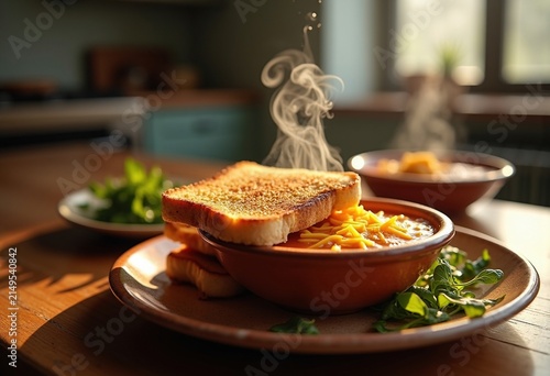 Warm Grilled Cheese Sandwich Paired with Rich Tomato Soup in a Bright Home Atmosphere