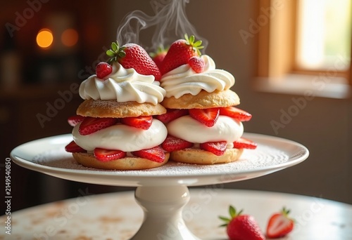 Whipped Strawberry Shortcake Layers on Elegant White Cake Stand with Garnished Cream Delight