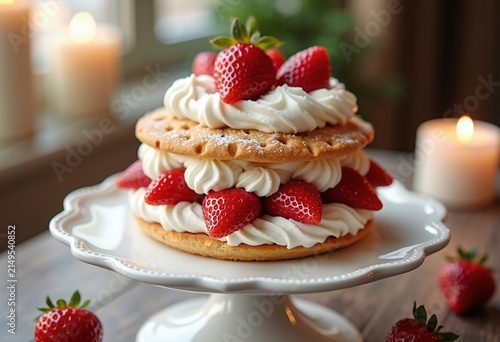 Whipped Strawberry Shortcake Layers on Elegant White Cake Stand with Garnished Cream Delight