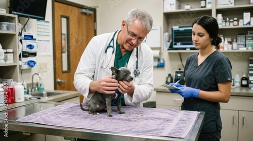 Veterinarian examines small dog in clinic with assistant taking notes during appointment