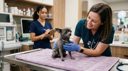 Veterinarian examines small gray dog with care while assistant takes notes in a medical office during the day