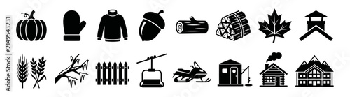 Collection of black silhouette icons representing seasonal autumn and winter activities and nature elements isolated on white