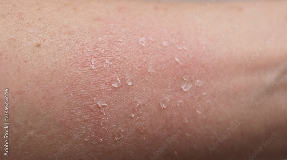 Fototapeta premium Macro close up of dry peeling sunburnt skin on human arm