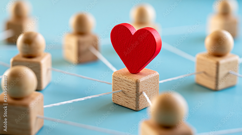 Obraz premium Human centered support network concept, empathy heart icon connecting diverse people blocks, compassionate leadership theme, with copy space