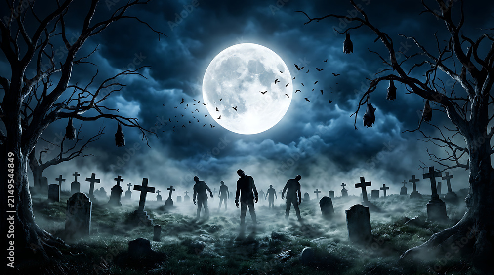 Fototapeta premium Spooky Graveyard Scene with Silhouetted Zombies Under a Full Moon