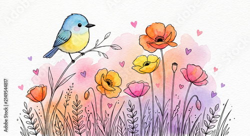 A watercolor and line art illustration of a cute blue and yellow bird perched on a branch among blooming poppies on a colorful watercolor background.