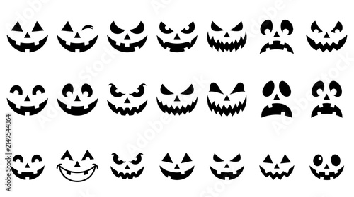 Set of twenty-one black Halloween pumpkin jack-o'-lantern face silhouettes