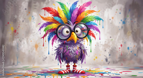 A lively illustration of a funny, fluffy bird wearing glasses and striped socks, with colorful feathers on its head and covered in paint splatters.