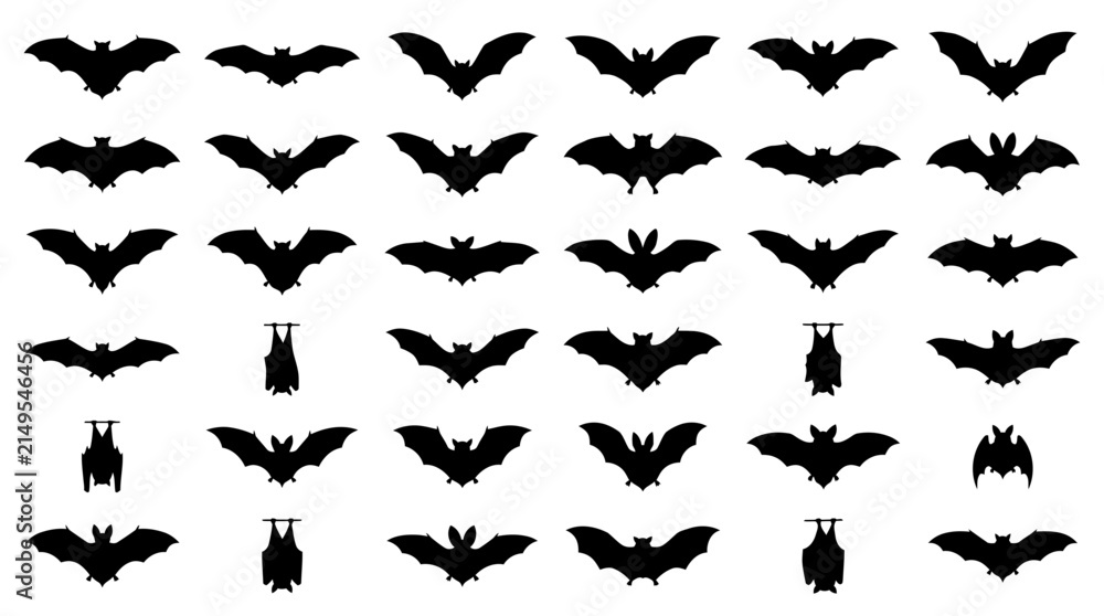 Fototapeta premium Black bat silhouettes in various flight poses and hanging positions set on a white background