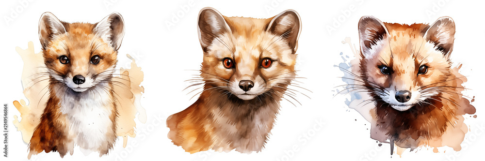 Naklejka premium Watercolor painting showcases three different fox portraits against a black backdrop