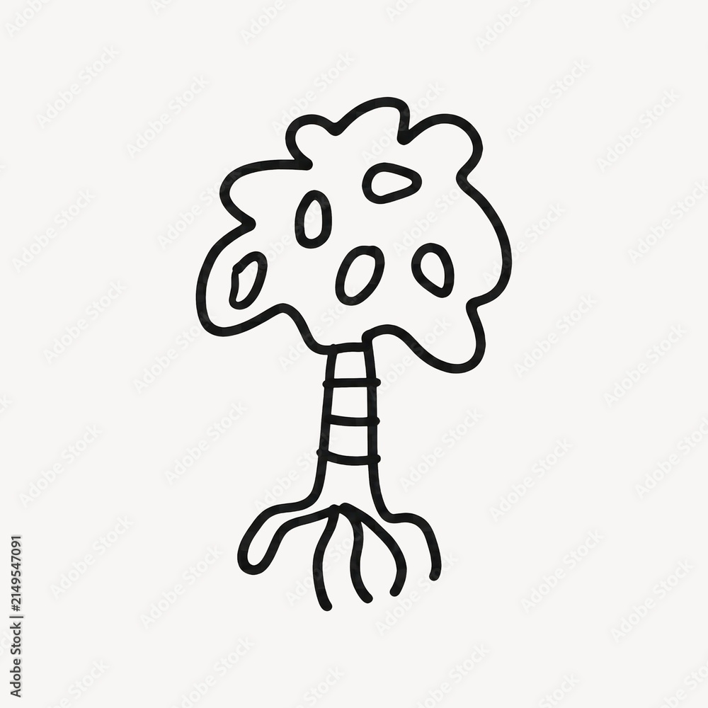 Fototapeta premium A simple black and white hand-drawn line art illustration of a stylized tree with roots, perfect for coloring pages and minimalist designs.