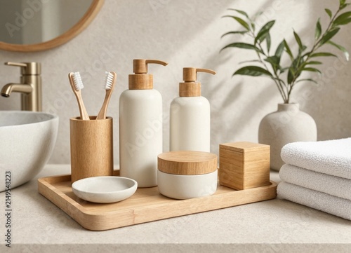 Natural bamboo bathroom accessories and toiletries arranged on a wooden tray