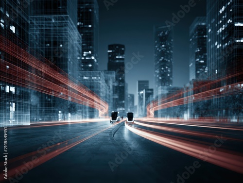 Smart city night with autonomous vehicles and wireframe buildings