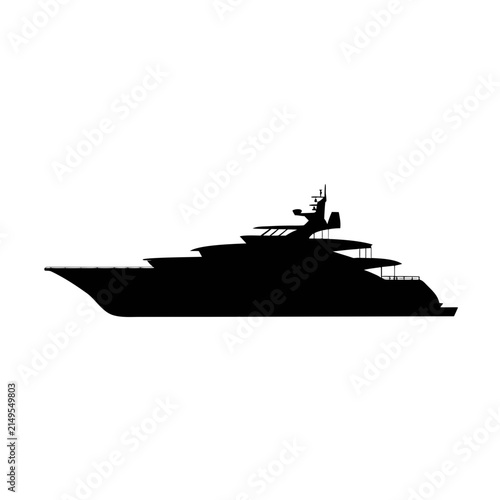 Modern Luxury Yacht Silhouette Vector. Black Outline Mega Ship Side View. Cruise Boat Icon. Nautical Transportation Graphic for Travel, Summer Maritime themes