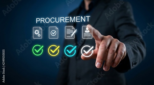 Professional businessman interacting with digital procurement workflow interface showing document approval status and supply chain management icons