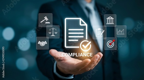Businessman presenting digital compliance certification interface with legal gavel and balance scale icons for corporate governance