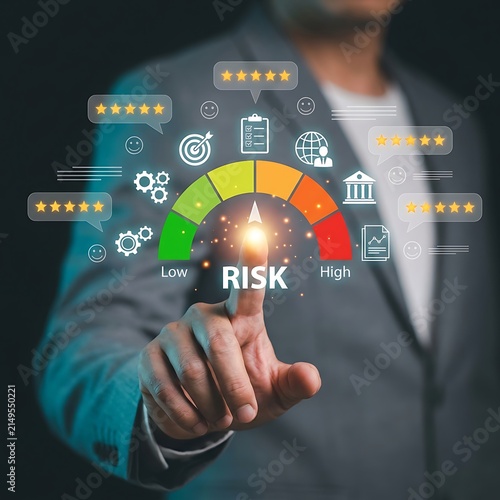 Corporate professional managing risk assessment gauge and customer satisfaction stars on interactive digital dashboard interface