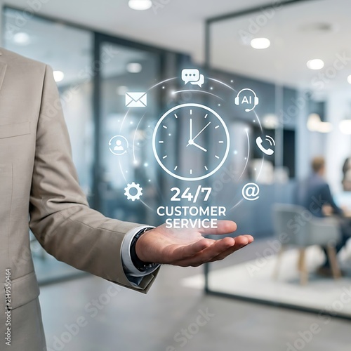 Professional in suit showcasing digital 24 7 customer service interface in modern office environment