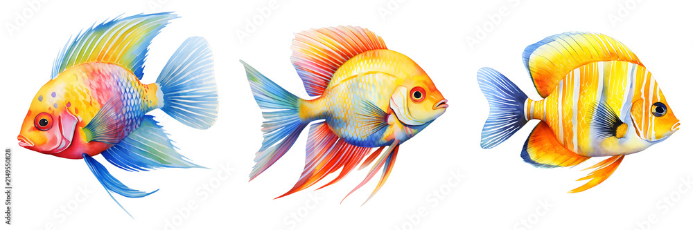 Fototapeta premium Three different colorful tropical fish swim against a black background in watercolor style