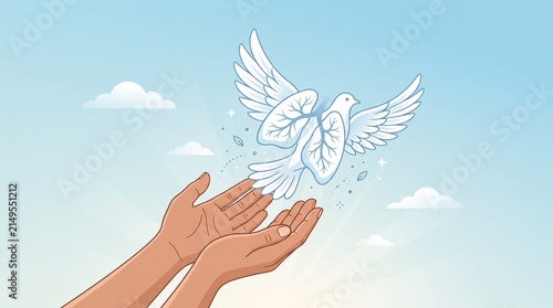 Hands Releasing White Dove Into Blue Sky Freedom Peace Harmony