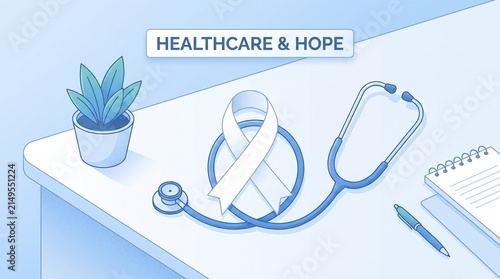 Stethoscope wrapped around awareness ribbon for World Lung Cancer Day medical concept
