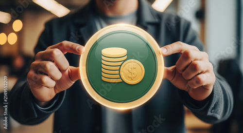 Payout coins icon and a mark of dollar value, reward emblem shining with bonus payments, salary transfers and generous dividend income for banking reward offers and extra income publications