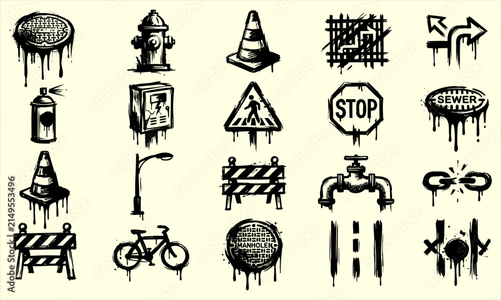 Naklejka premium Set of urban street elements and city infrastructure icons in graffiti style