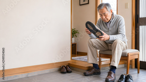 玄関で靴底のすり減りを確認する日本人シニア男性