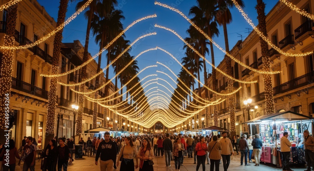 Naklejka premium Vibrant evening market scene with festive lights and bustling crowds under a decorated archway.