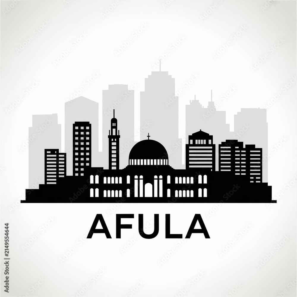 Fototapeta premium Afula City Skyline Silhouette, Israel Architecture Illustration with Dome Landmark
