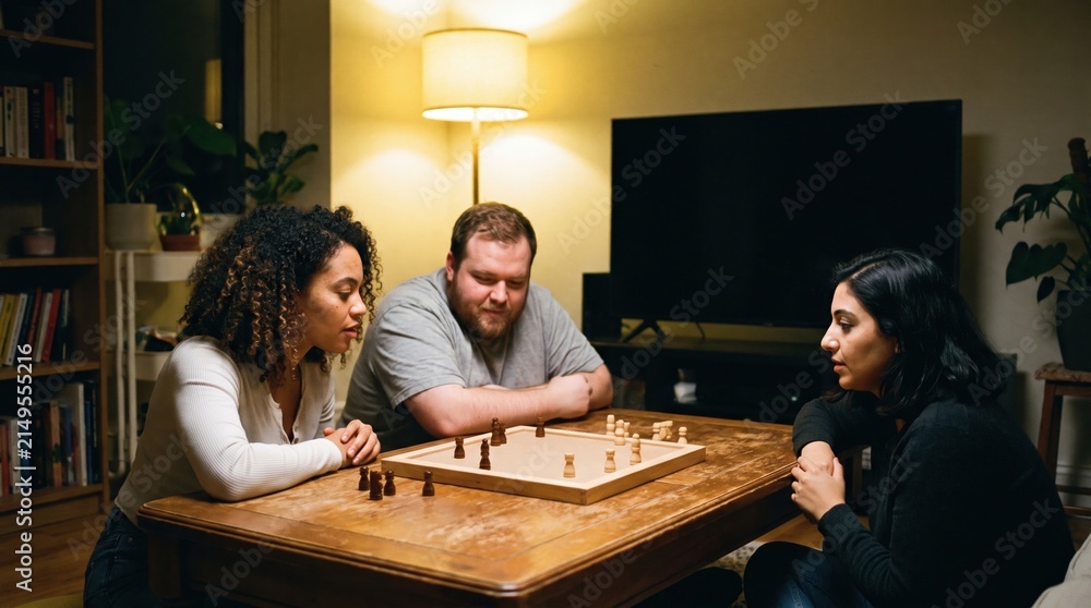 Obraz premium Three diverse friends playing a strategy board game on a wooden table in a cozy living room at night, representing social interaction and indoor leisure activities.