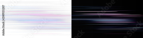 Horizontal light speed lines in blue and pink isolated on white and black background. Abstract glowing motion blur light trails set. Futuristic horizontal light streaks overlay 