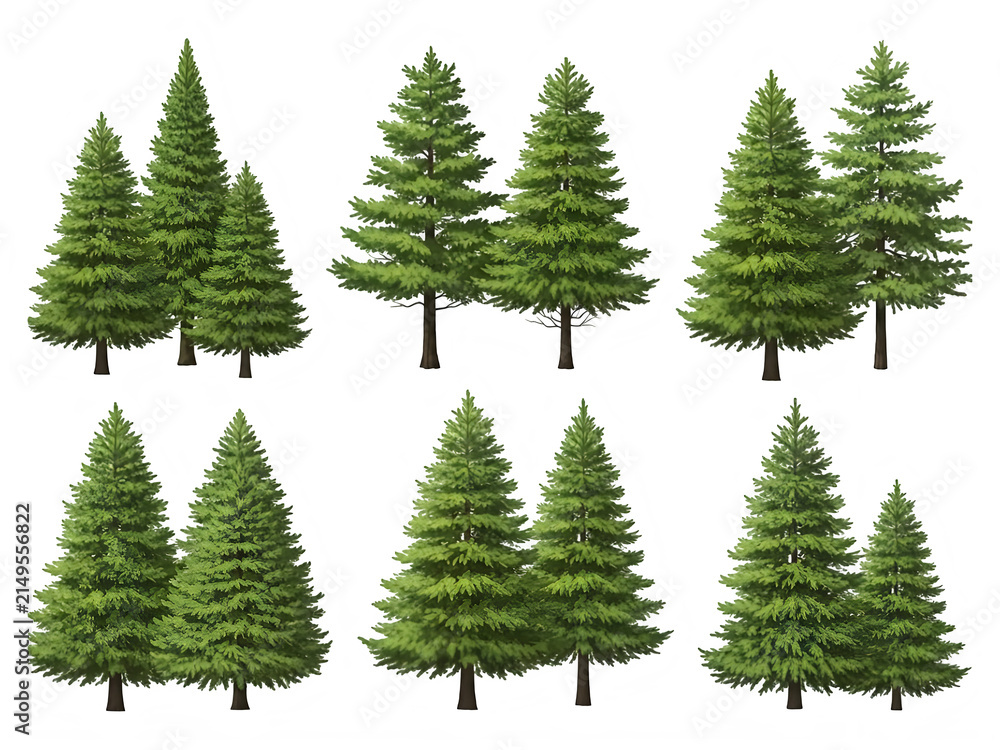 Fototapeta premium Collection of illustrated evergreen trees on transparent background for design projects