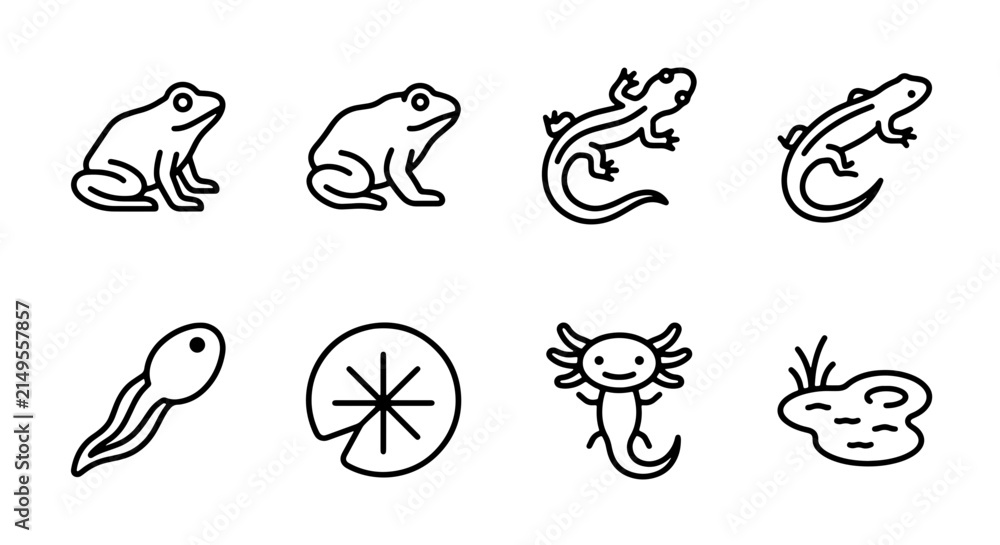 Obraz premium Amphibian Icons Set: Frogs, Lizards, Tadpoles, Axolotl, Pond Life Vector Collection